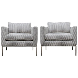 Modern Pair Geometric Goyard Pattern Modern Lounge Chrome Chairs Knoll Style