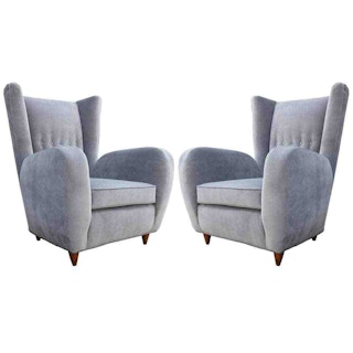 Luxe Pair of Italian Wingback Modern Lounge Chairs in Grey Velvet