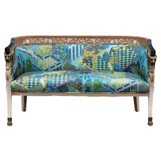 19th Century French Empire Settee with Inlaid Marquetry & Bronze Lion Heads