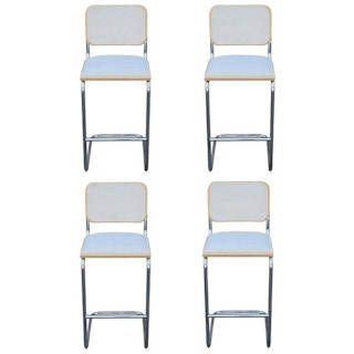 Set of Four Kravet Light Velvet Cesca Bar Stools by Marcel Breuer