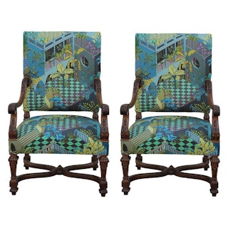 Custom Pair of Louis XVI French Armchairs in Tropical Geometric Miami Upholstery