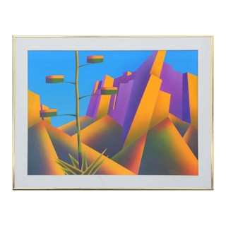 Colorful Abstract Modern Cubist Purple, Yellow & Blue Desert Mountain Landscape 1970s-1980s