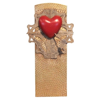 Abstract Red Heart and Gold Cross Mixed Media Contemporary Sculpture 2021