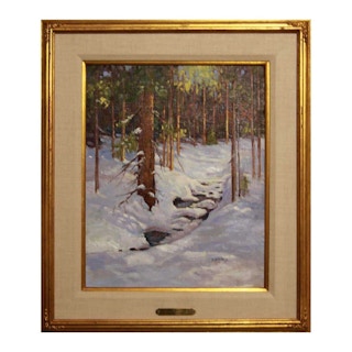 "Winter Patterns" Snowy Forest River Realistic Impressionist Landscape 20th Century