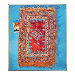 “Rug With Ring” Abstract Realist Blue and Orange Patterned Textile Still Life 1979