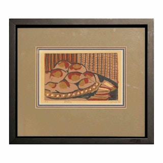 “Pastry” Red, Blue, Yellow, and White Patterned Still Life Woodblock Print 1976