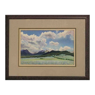 Blue Toned Watercolor Landscape Painting of Mountains at Longs Peak in Colorado 20th Century