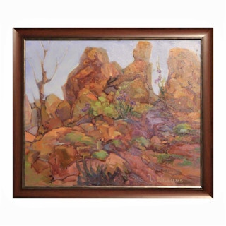 Southwest Impressionist Rocky Desert Landscape Painting with Purple Flowers 1970s
