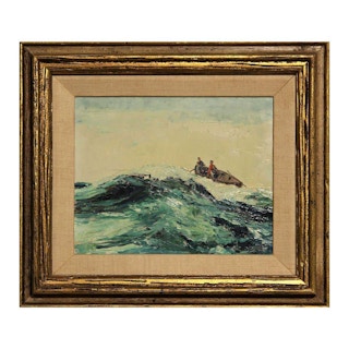 Blue Toned Impressionist Seascape with Fishermen Landscape Painting 20th Century