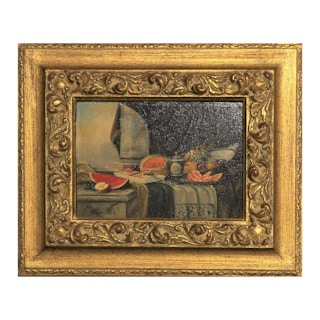 Early 20th Century Realist Still Life Interior Painting with Fruits and Drapery