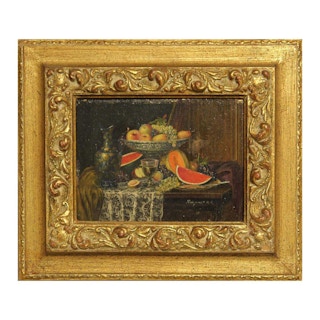 Early 20th Century Realist Still Life Interior Painting with Vase and Fruits