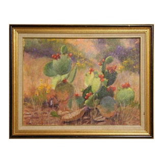 Pink, Purple, and Green Toned Flowering Cacti Desert Landscape Painting 20th Century