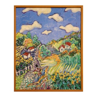 Colorful Abstract Landscape with Woman, Flower Fields, and Houses on Mountain 21st Century