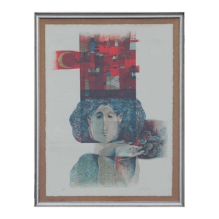 Modern Red and Blue Toned Abstracted Figure Embossed Lithograph 20th Century