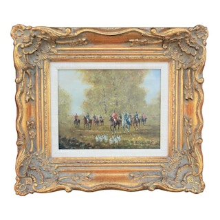 Naturalistic Figurative Landscape Painting of a Mounted Hunting Party with Dogs Mid 20th Century