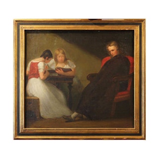 Romanticism Still Life Portrait Painting of a Headmaster with Studying Students Late 19th Century