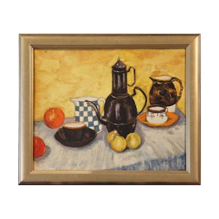 Yellow and Blue Toned Early Texas Still Life Painting of Fruits and Vases 1950s