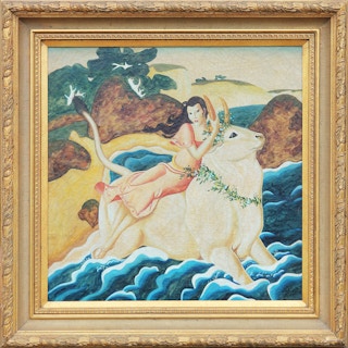 "Abduction of Europa" Classical Mythology Painting of Zeus as a White Bull Late 20th Century