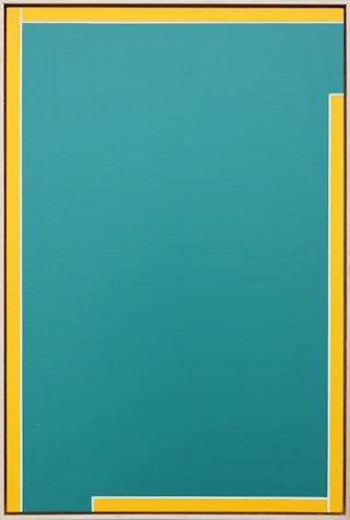 “Channel Marker” Teal and Yellow Geometric Abstract Mixed Media Painting 2022