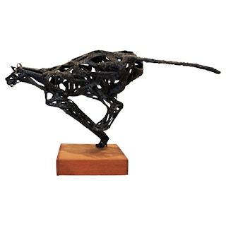 Modern Brutalist Metal Abstract Running Jaguar Sculpture on a Wooden Base 1960s