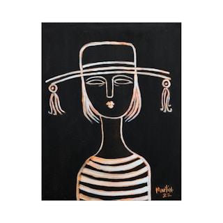 Contemporary Abstract Orange & White Contour Line Painting of a Woman in a Hat 2022
