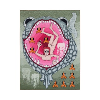 Modern Abstract Needlepoint Textile Tapestry of the Parable of Jonah & the Whale 1960s