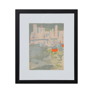 "Le Port de New York" Green & Orange Abstract Lithograph of a New York City Port 1964