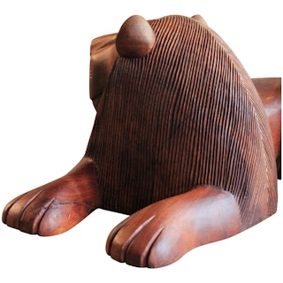 Pair of Stylized Mid Century Modern Carved Solid Teak Wood Lion Sculptures Mid 20th Century