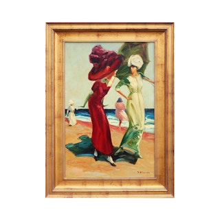 Naturalistic Portrait of a Pair of Women in Large Hats Walking on the Beach Mid 20th Century