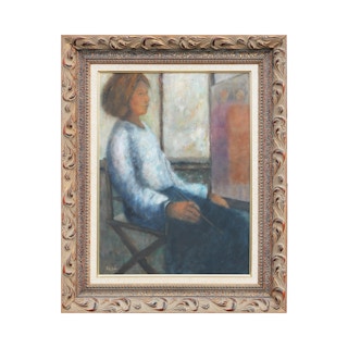 Naturalistic Portrait Painting of a Female Artist Sitting in Front of Her Canvas 20th Century