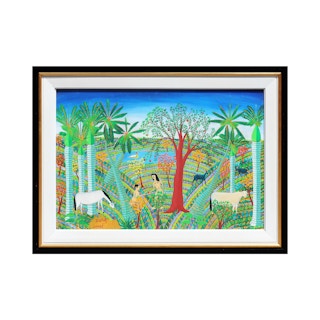 Adam and Eve in the Garden of Eden Reimagined in Jacmel, Haiti Folk Art Painting 1980s