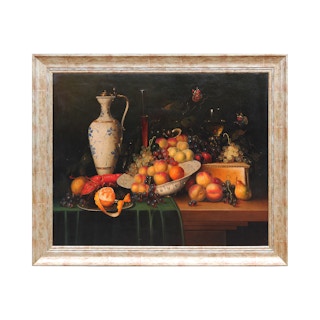 Hyperrealist Vanitas Interior Still Life Painting of Various of Fruits & Vessels Early 20th Century