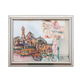 "Dos Épocos" Modern Abstract Red, Teal, and Orange European Townscape Painting 1985