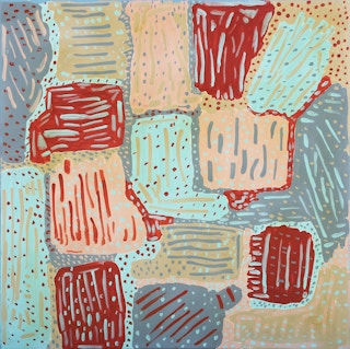 "Desert" Pastel Peach, Blue, and Gray Abstract Geometric Patterned Painting 21st Century