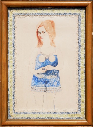 "A Long Time Ago" Modern Figurative Abstract Drawing of a Woman in Blue Lingerie