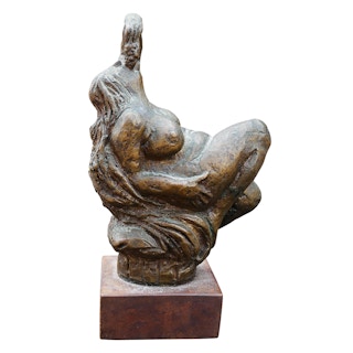 Modern Abstract Figurative Bronze Sculpture of Reclining Nude Female with Grapes Mid-20th Century