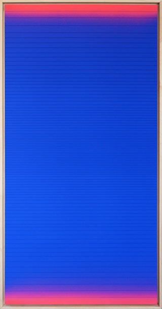 "Red Tide” Vertical Bright Blue Groove Painting with Neon Pink Accents 2022