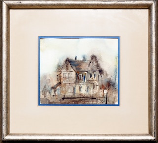 Modern Abstract Neutral-Toned Watercolor Landscape of a Spacious House 1972