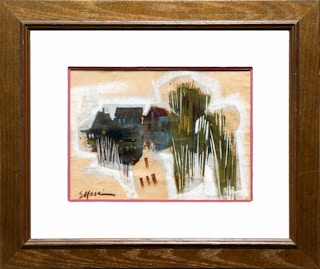 Dark Toned Modern Abstract Angular Landscape Drawing of a Small City or Village Mid-20th Century
