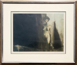 Modern Abstract Dark-Toned Figurative Nude Portrait of a Woman Holding a Doll 1967