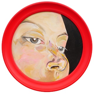 Neutral-Toned Contemporary Painting of a Face in a Bright Red Frame 2022