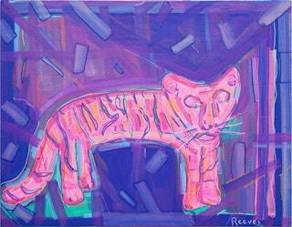 "Small Kitty" Blue, Purple, and Neon Pink Abstract Contemporary Cat Painting 2022