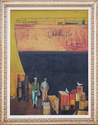 "Waiting for the Tide" Earth-Toned Modernist Abstract Painting of a Port 20th Century