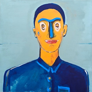 Contemporary Whimsical Abstract Portrait of a Male Figure Against Blue 2022
