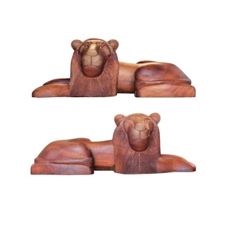 Pair of Stylized Mid Century Modern Carved Solid Teak Wood Lion Sculptures Mid 20th Century