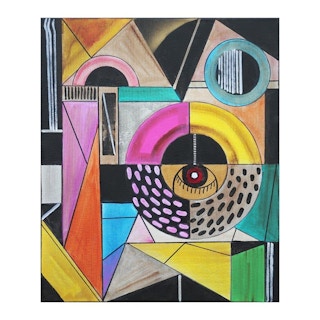 Contemporary Pink, Yellow, Orange, and Black Geometric Abstract Painting 2022