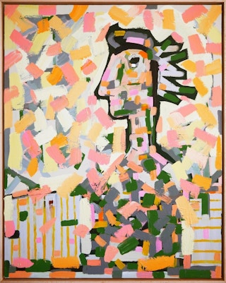 "Fifi" Abstract Contemporary Peach and Green Figurative Portrait Painting 2022