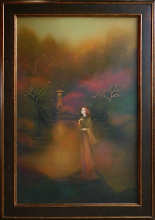 “Autumn Escape” Dark Abstract Figurative Woman in a Forest Surrealist Painting 2012