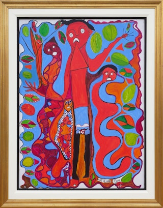 Red & Blue Abstract Figurative Painting with Four Figures and Botanical Elements Late 20th Century