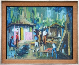 Post Impressionist Inspired Modern Blue & Green Abstract Village Landscape Scene